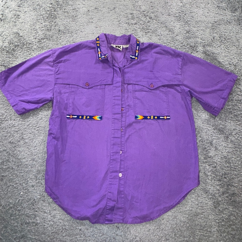 KZK Vintage Western Shirt Large Purple Short Sleeve Embroidered Cotton Mens L